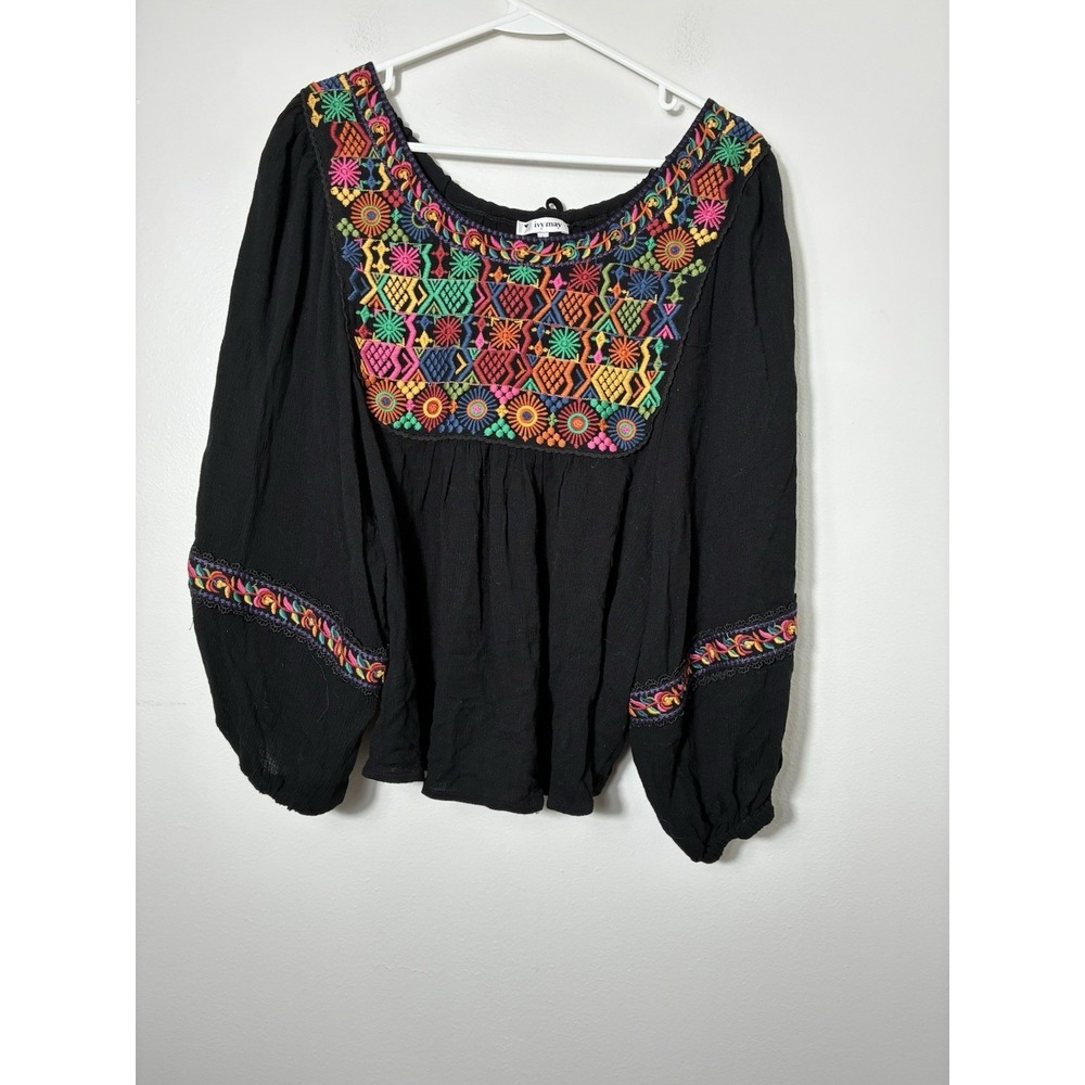Ivy May Boho Embroidered Peasent Top Sz Large Black Balloon Sleeve Gauzy